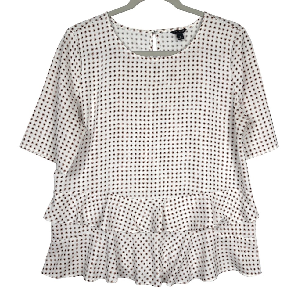 Ann Taylor Blouse Womens Medium Polka Dot Tiered Ruffle Hem Peplum